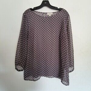 Ann Taylor LOFT Gray White Polka Dot Sheer Long Sleeve Blouse Top Size Medium